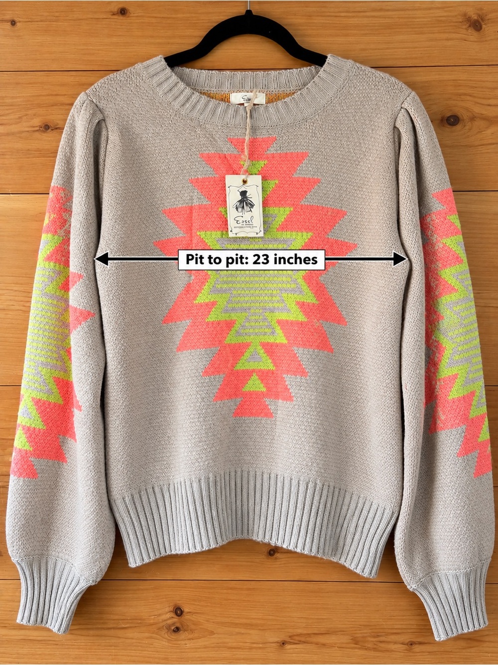 Easel Southwestern Geometric Knit Sweater Taupe Coral Lime Size Large - Picture 4 of 4